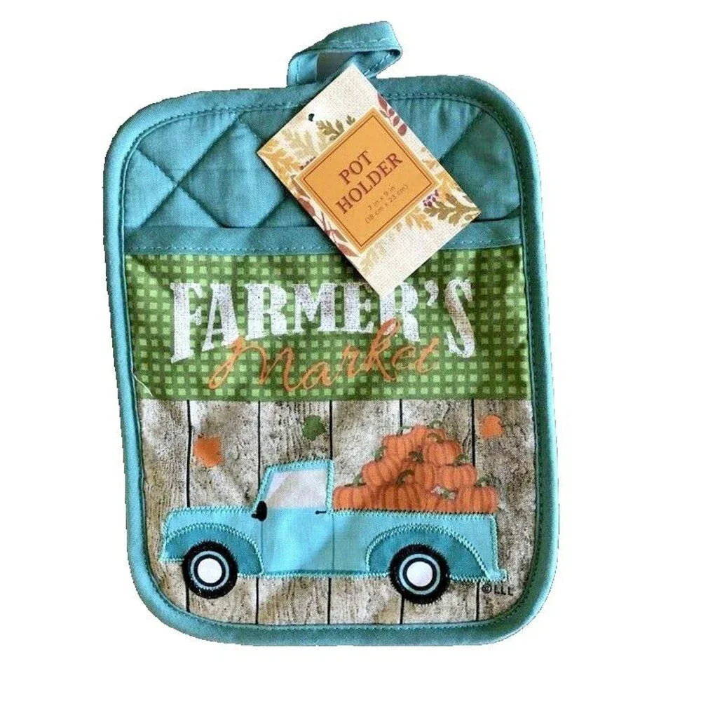 Thanksgiving Blue Farm Truck Oven Mitt Potholder Pumpkins Fall Set of 2